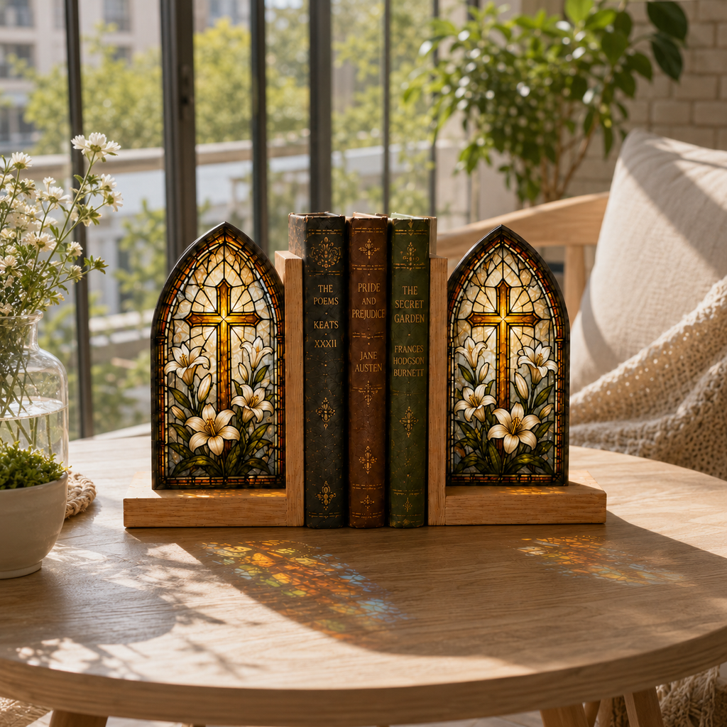 Christian Cross Bookends | Lily Stained Glass Style Wood Bookend Set | Religious Bookshelf Decor | Easter Gift