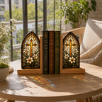 Christian Cross Bookends | Lily Stained Glass Style Wood Bookend Set | Religious Bookshelf Decor | Easter Gift