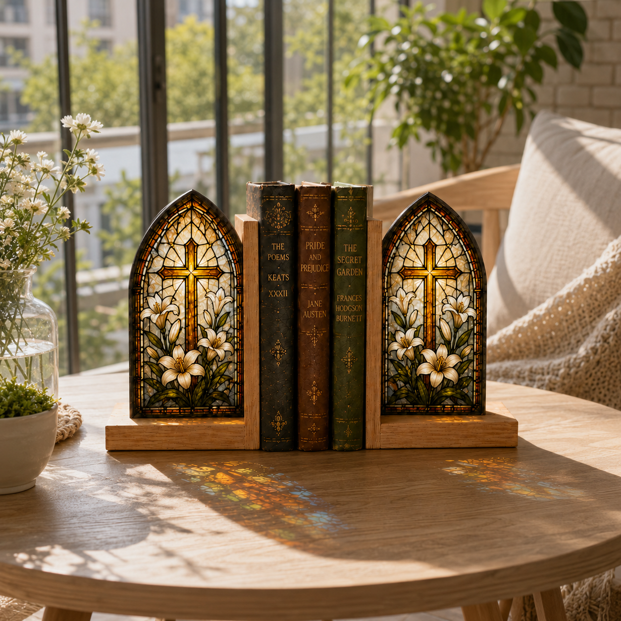 Christian Cross Bookends | Lily Stained Glass Style Wood Bookend Set | Religious Bookshelf Decor | Easter Gift