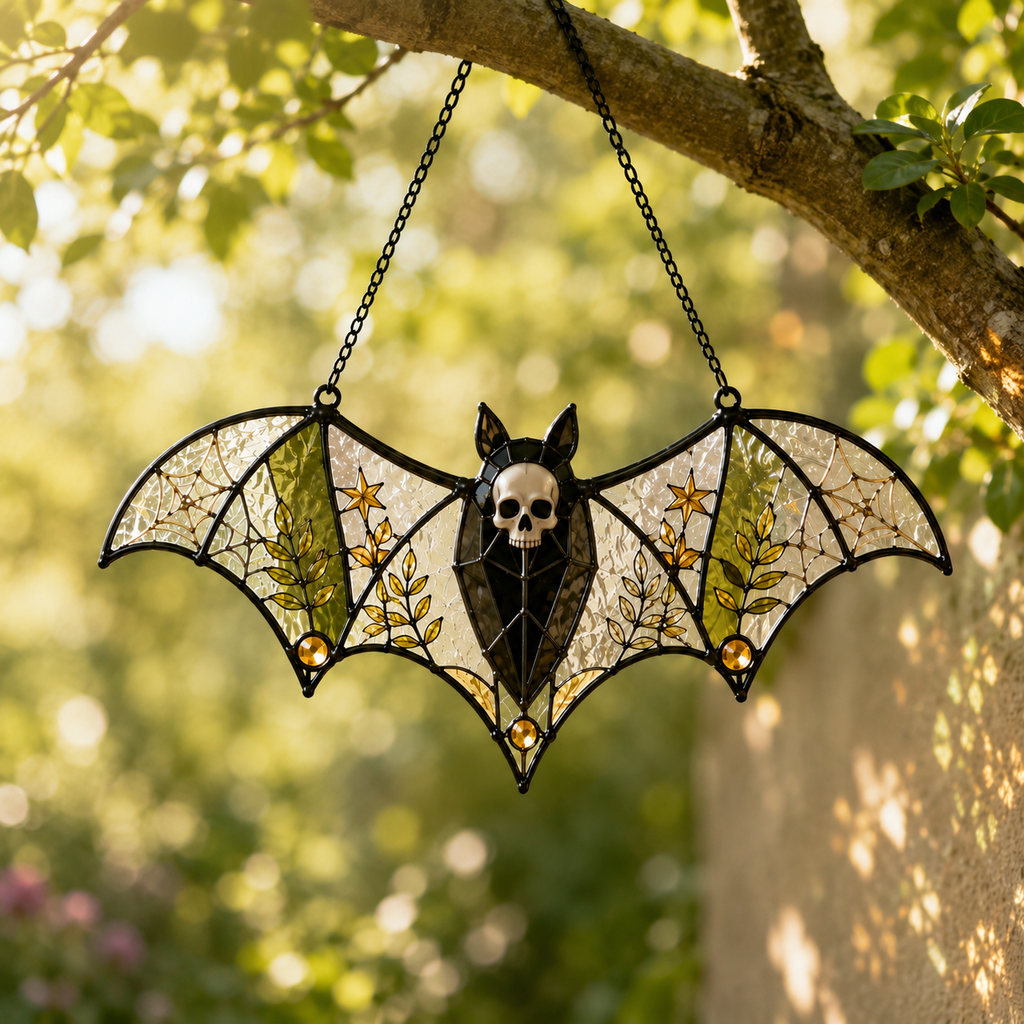 Gothic Bat Skull Suncatcher | Stained Glass Style Window Hanging | Witchy Bat Wall Decor | Car Ornament Gift