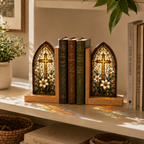 Christian Cross Bookends | Lily Stained Glass Style Wood Bookend Set | Religious Bookshelf Decor | Easter Gift