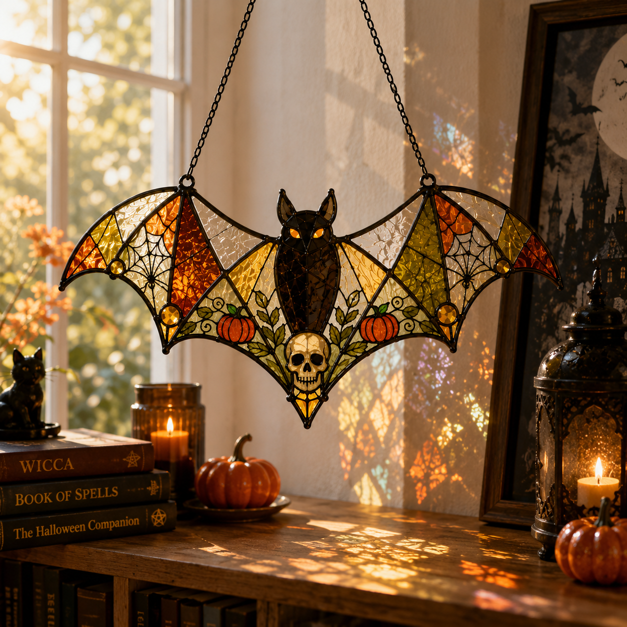 Halloween Bat Suncatcher | Skull Pumpkin Stained Glass Style Window Hanging | Gothic Witchy Decor | Car Ornament Gift