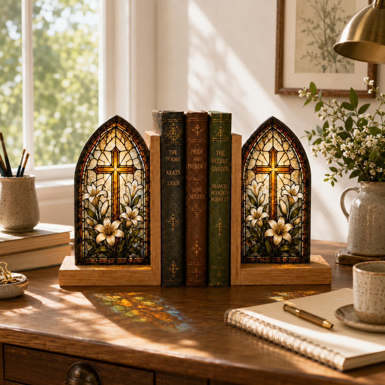 Christian Cross Bookends | Lily Stained Glass Style Wood Bookend Set | Religious Bookshelf Decor | Easter Gift