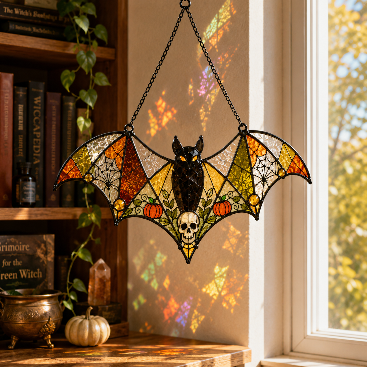 Halloween Bat Suncatcher | Skull Pumpkin Stained Glass Style Window Hanging | Gothic Witchy Decor | Car Ornament Gift