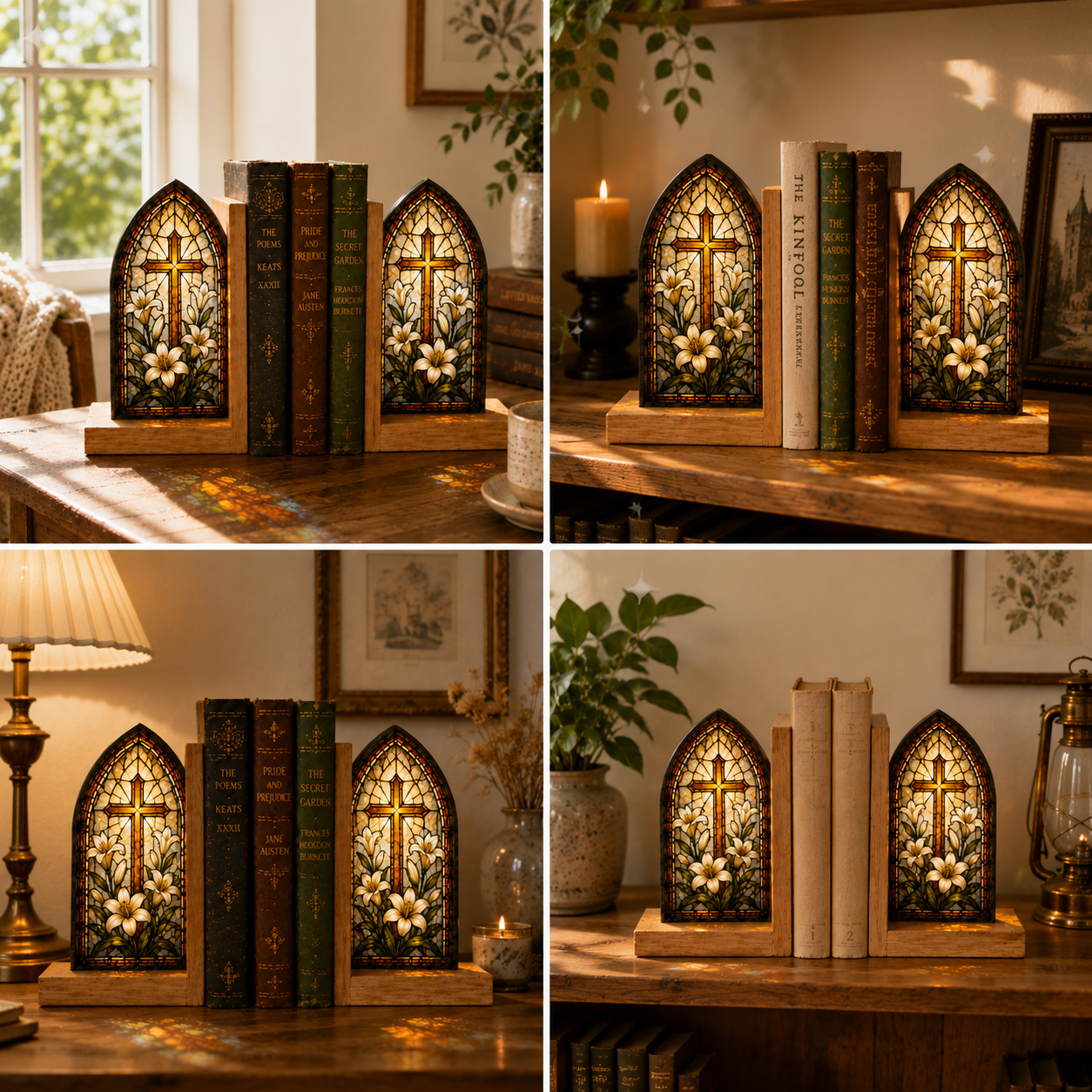 Christian Cross Bookends | Lily Stained Glass Style Wood Bookend Set | Religious Bookshelf Decor | Easter Gift