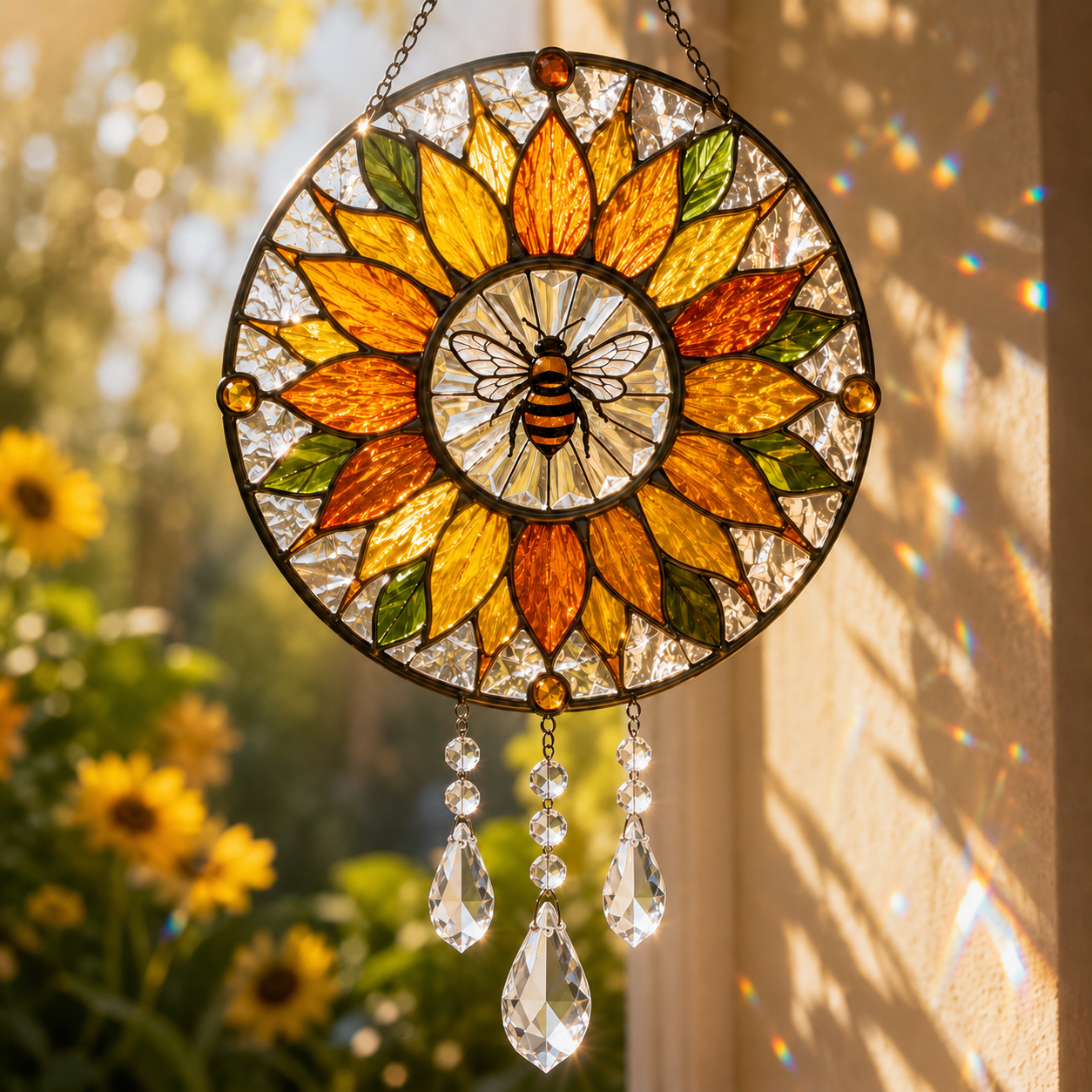 Sunflower Bee Suncatcher | Stained Glass Style Window Hanging | Crystal Rainbow Decor | Bee Lover Gift | Sunroom Decor