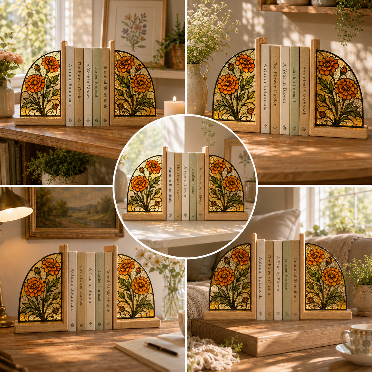 October Birth Flower Bookends | Marigold Wood Glass Bookend Set | Libra Scorpio Birthday Gift | Bookshelf Decor