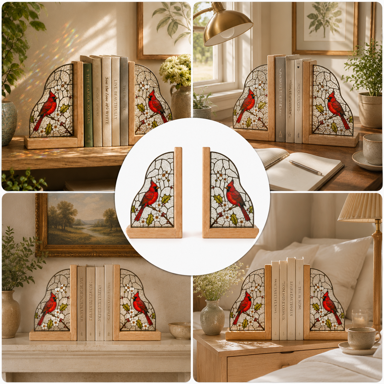 Cardinal Bird Bookends | Wood Glass Bookend Set | Stained Glass Style Bookshelf Decor | Bird Lover Gift | Memorial Gift