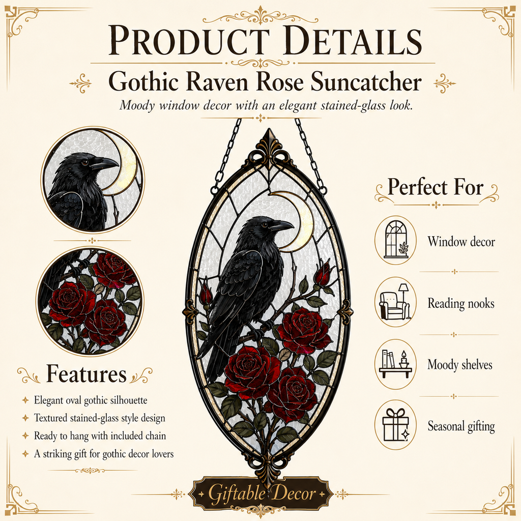 12 Style Gothic Raven Rose Suncatcher | Moon Stained Glass Style Window Hanging | Crow Bird Decor | Witchy Car Ornament Gift