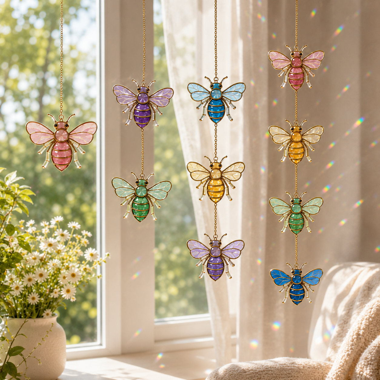 Bee Suncatcher | Stained Glass Style Window Hanging | Gold Bee Wall Decor | Car Hanging Decor | Bee Lover Gift