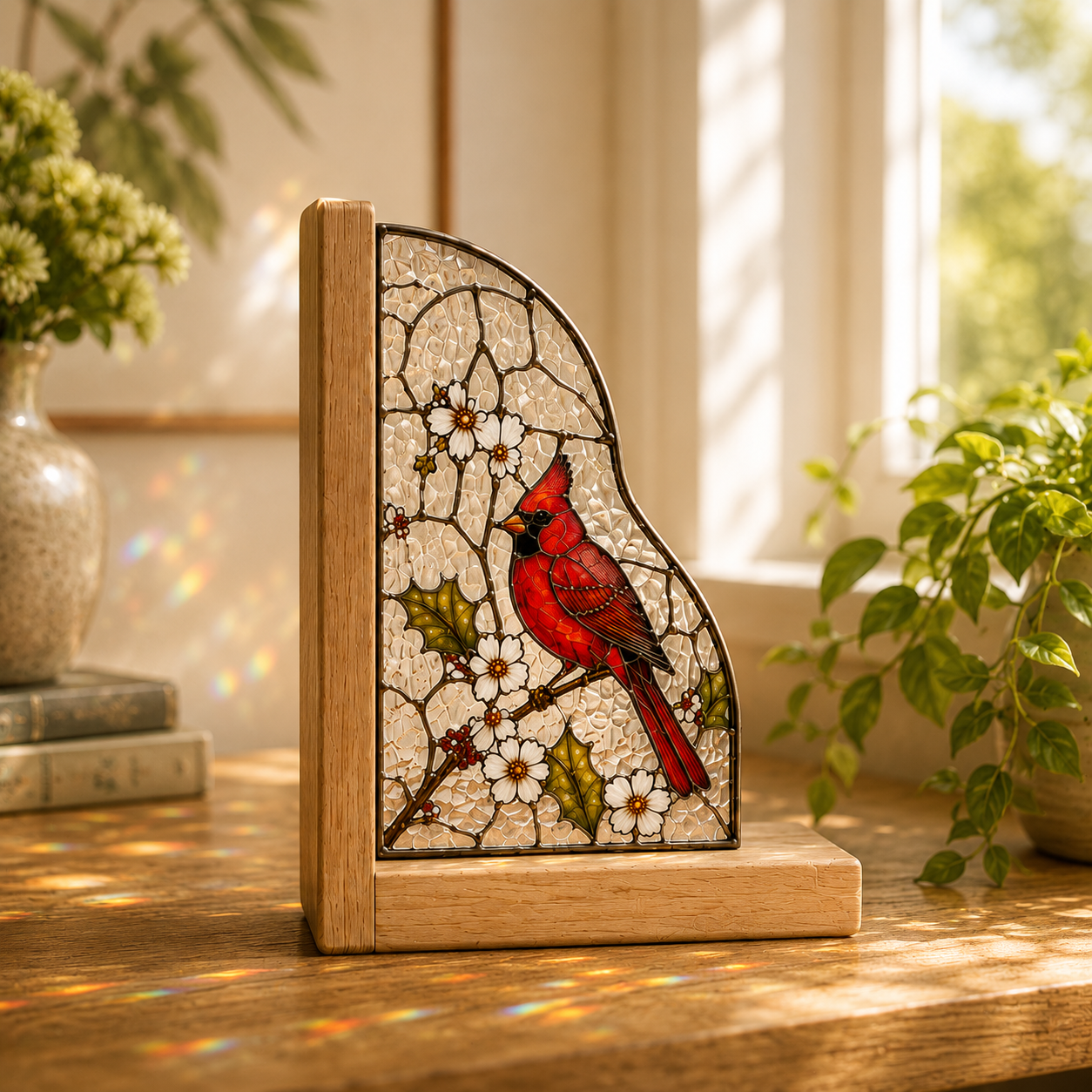 Cardinal Bird Bookends | Wood Glass Bookend Set | Stained Glass Style Bookshelf Decor | Bird Lover Gift | Memorial Gift