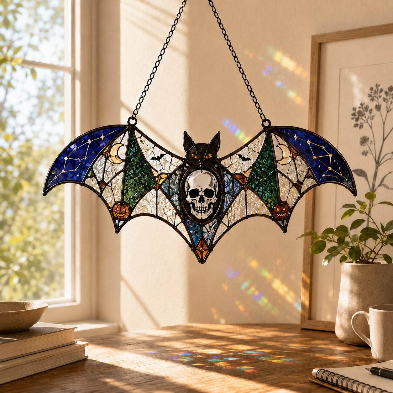 20 Style Halloween Bat Skull Suncatcher | Blue Green Stained Glass Style Window Hanging | Gothic Witchy Decor | Car Ornament Gift