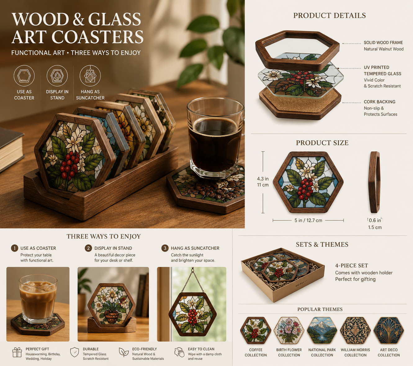 Wood Glass Art Coasters | Stained Glass Style Coffee Coaster Set | Suncatcher Decor | Coffee Bar Decor | Housewarming Gift