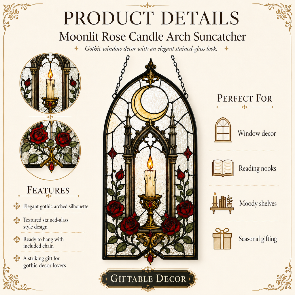 12 Style Gothic Candle Suncatcher | Rose Moon Stained Glass Style Window Hanging | Witchy Cathedral Window Decor | Car Ornament Gift