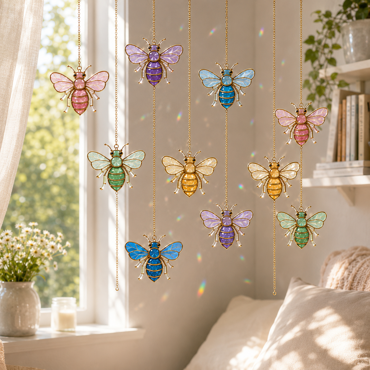 Bee Suncatcher | Stained Glass Style Window Hanging | Gold Bee Wall Decor | Car Hanging Decor | Bee Lover Gift
