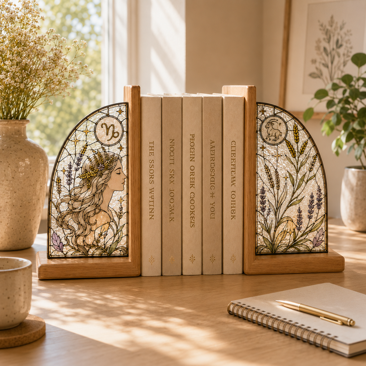 Capricorn Zodiac Bookends | Wood Glass Bookend Set | Astrology Bookshelf Decor | Stained Glass Style Book Holder | Capricorn Gift