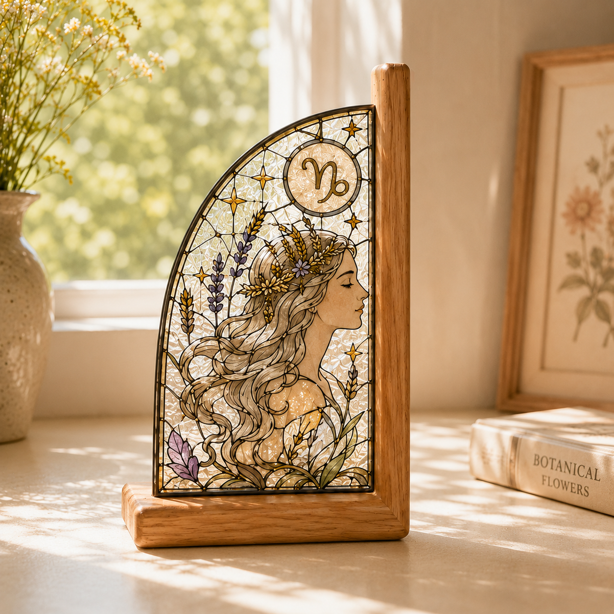 Capricorn Zodiac Bookends | Wood Glass Bookend Set | Astrology Bookshelf Decor | Stained Glass Style Book Holder | Capricorn Gift