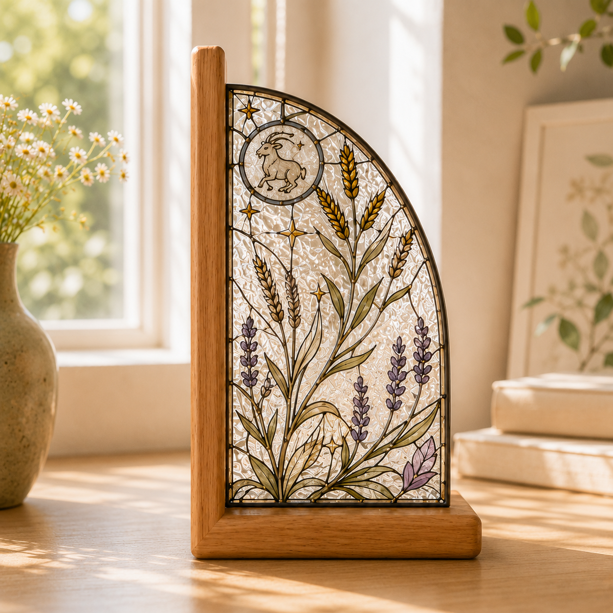 Capricorn Zodiac Bookends | Wood Glass Bookend Set | Astrology Bookshelf Decor | Stained Glass Style Book Holder | Capricorn Gift