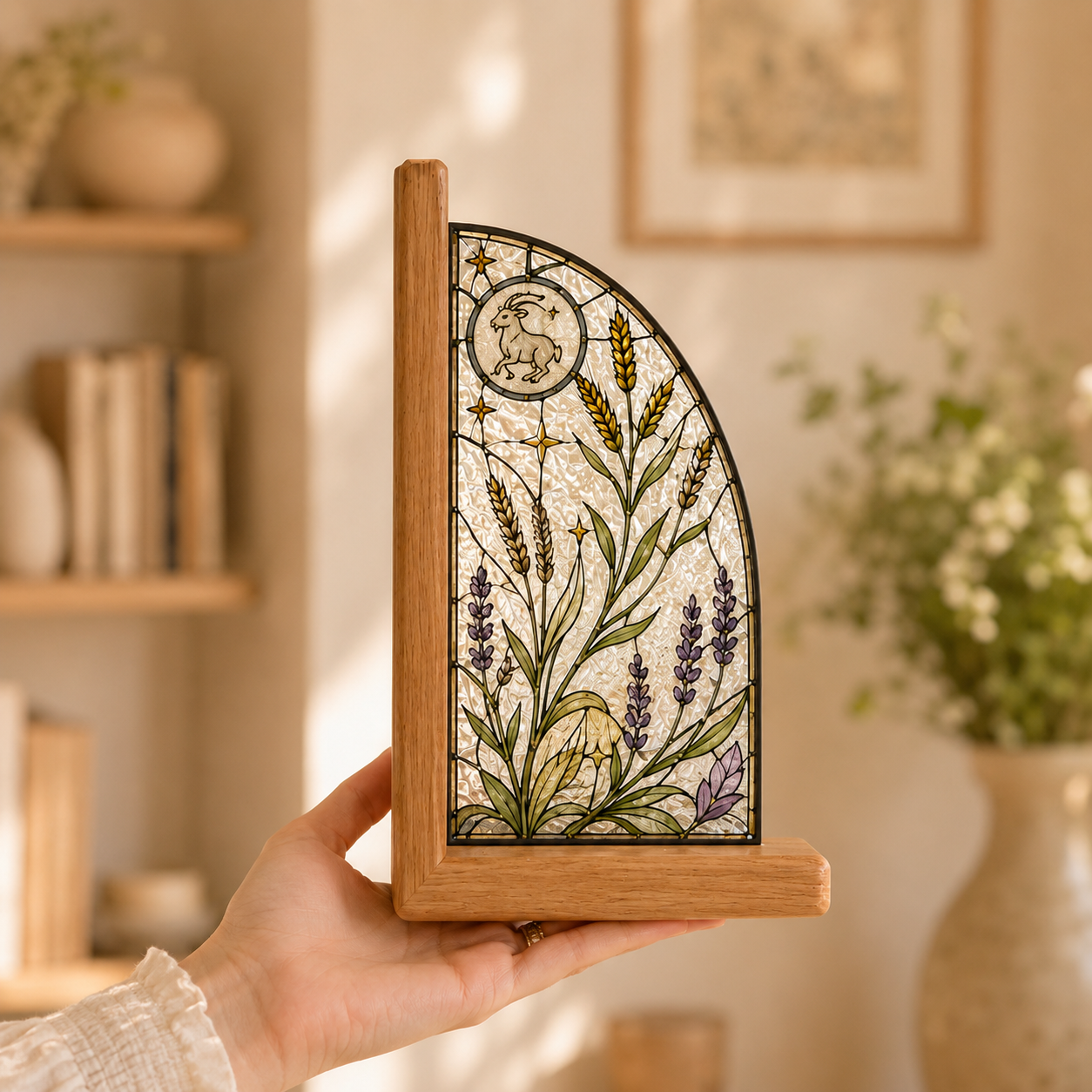 Capricorn Zodiac Bookends | Wood Glass Bookend Set | Astrology Bookshelf Decor | Stained Glass Style Book Holder | Capricorn Gift