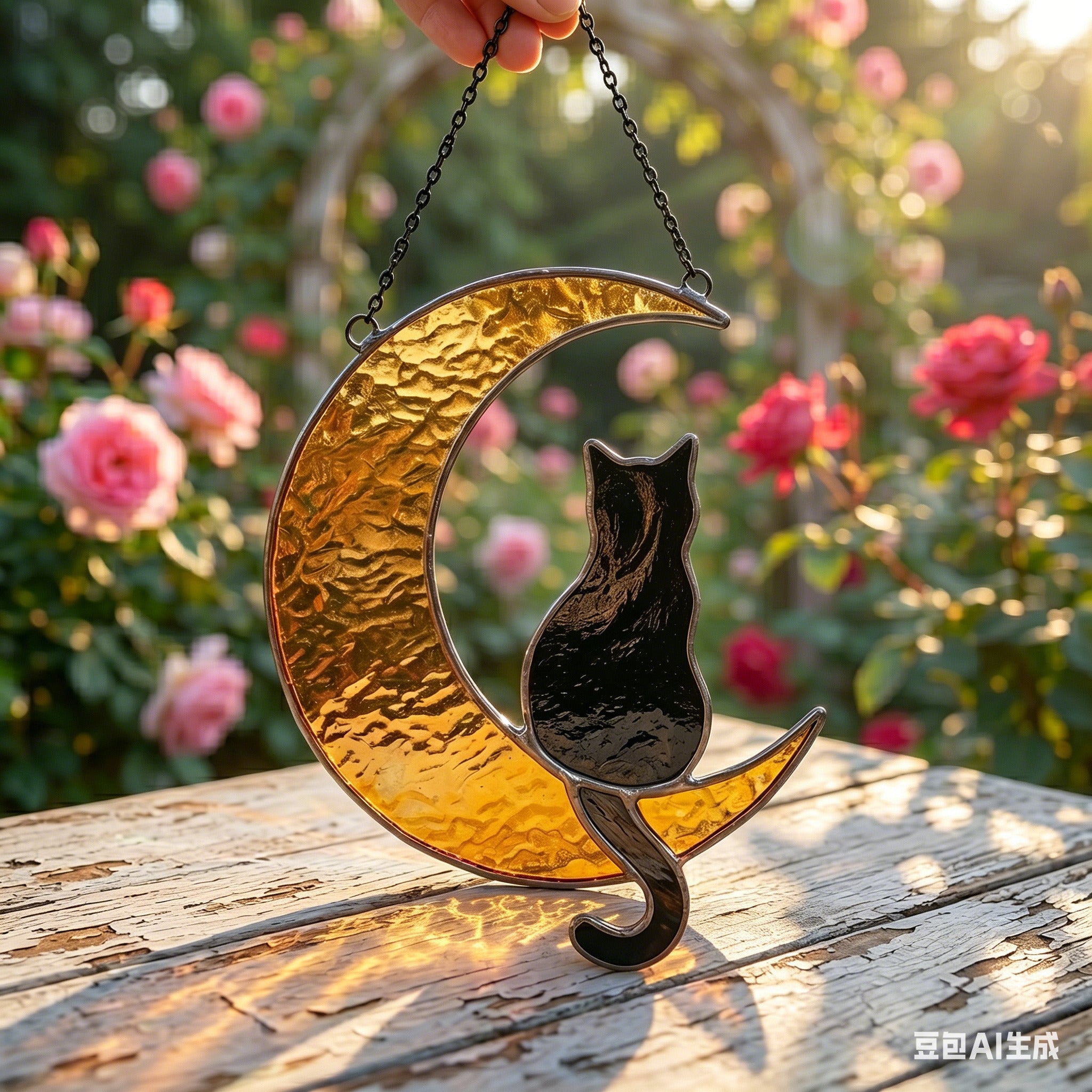 Black Cat Crescent Moon Stained Glass Suncatcher – Witchy Cat Window Hanging