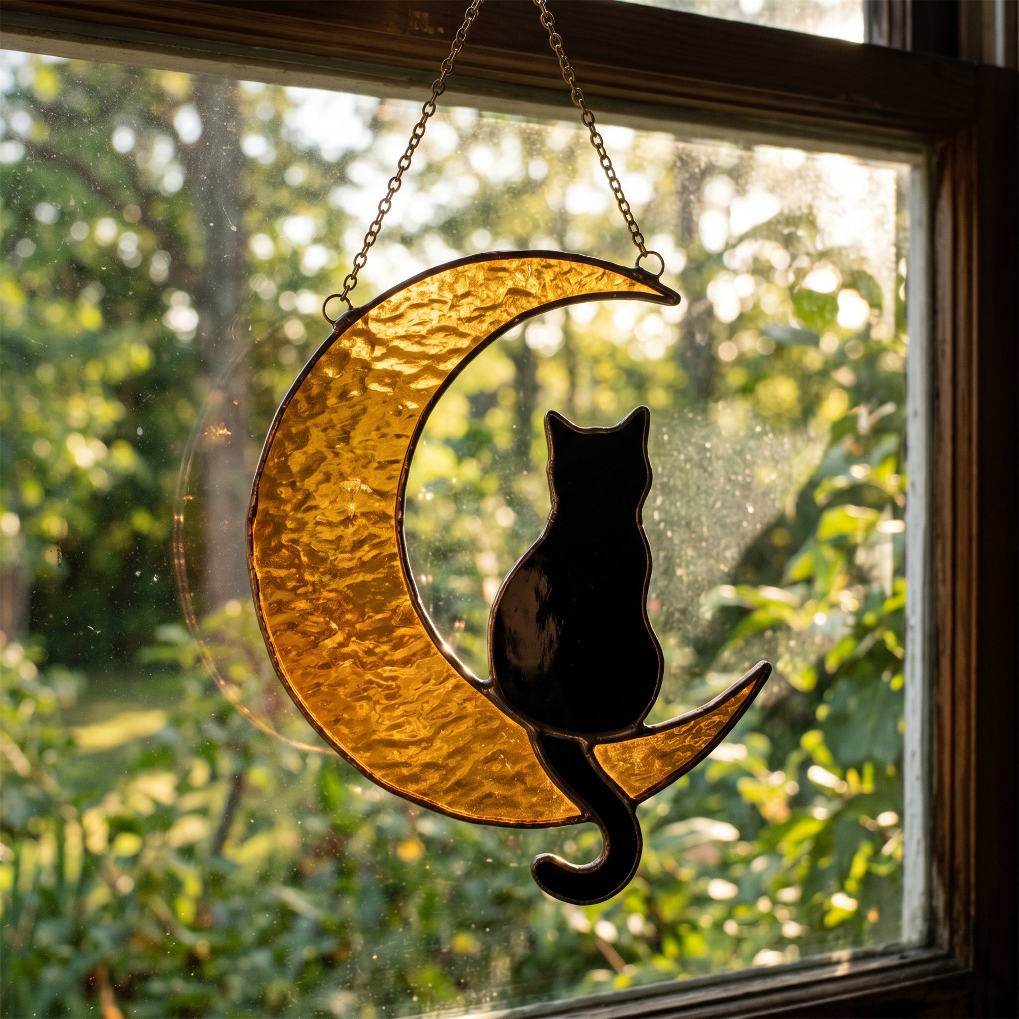 Black Cat Crescent Moon Stained Glass Suncatcher – Witchy Cat Window Hanging
