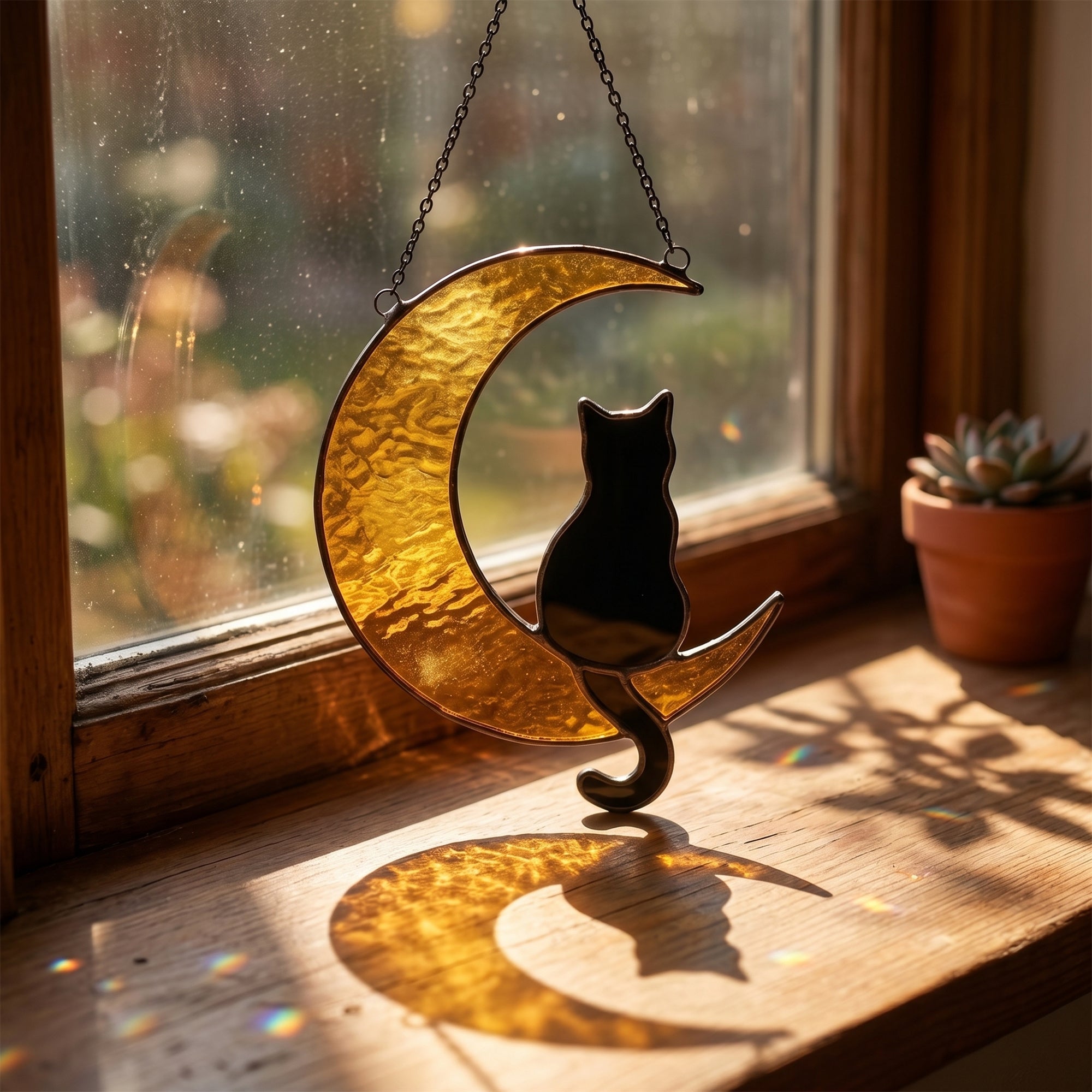 Black Cat Crescent Moon Stained Glass Suncatcher – Witchy Cat Window Hanging