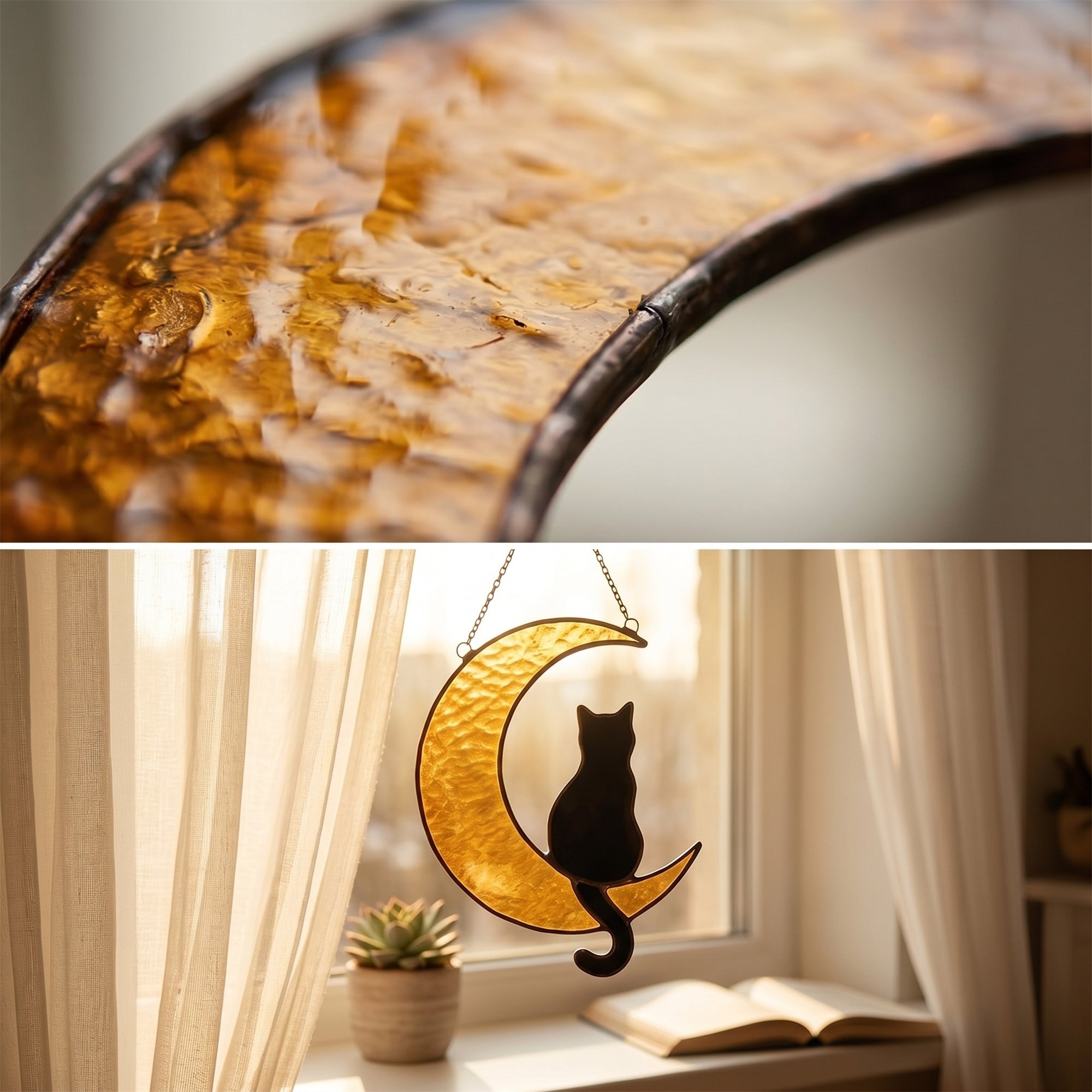 Black Cat Crescent Moon Stained Glass Suncatcher – Witchy Cat Window Hanging