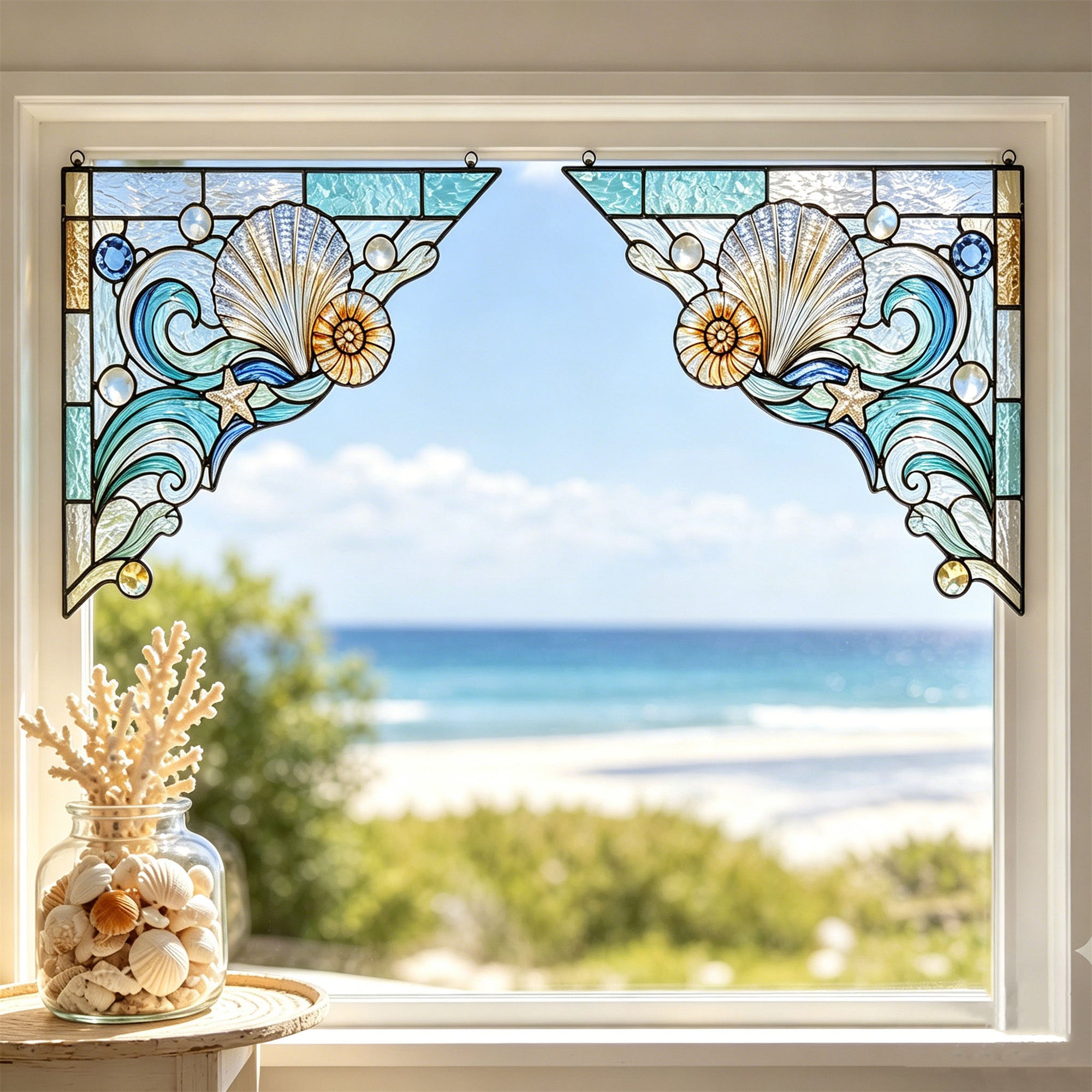 Coastal Seashell Ocean Wave Stained Glass Window Corner Hanging Ornament – Summer Beach House Decor
