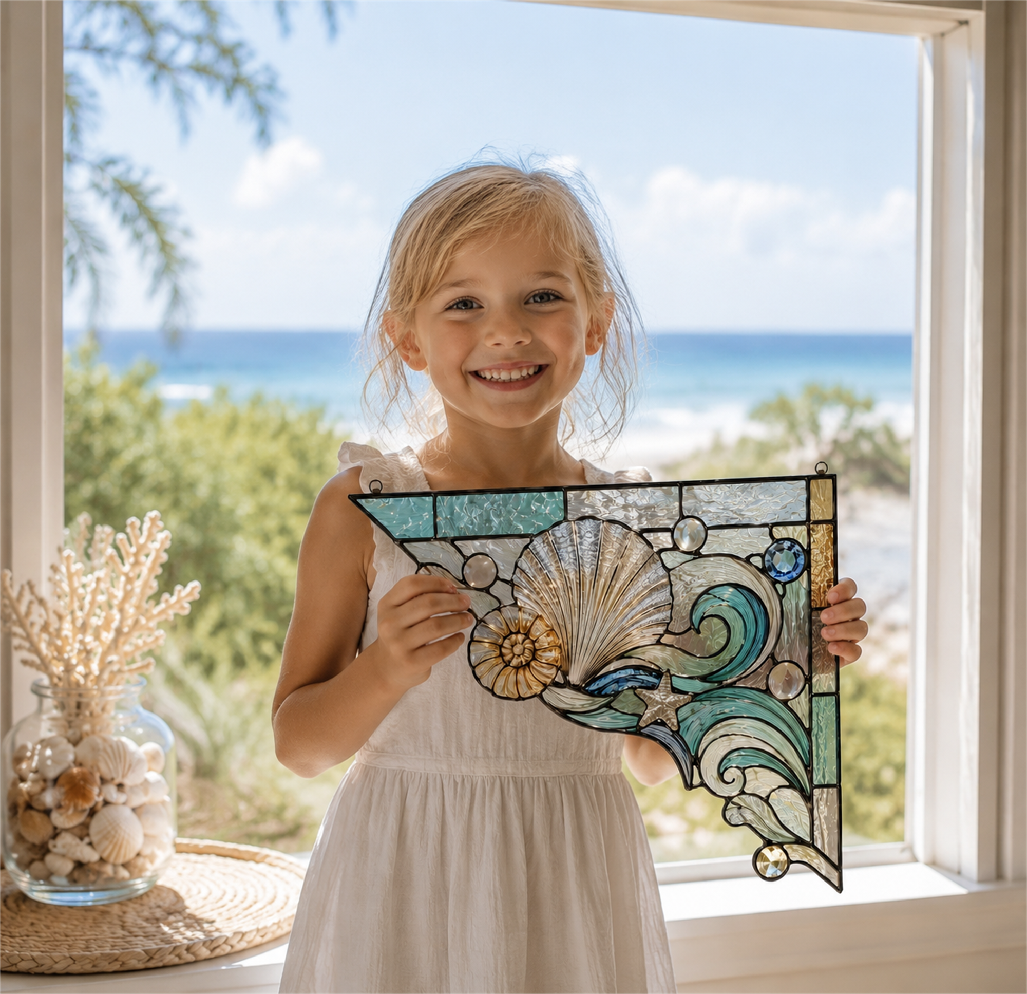 Coastal Seashell Ocean Wave Stained Glass Window Corner Hanging Ornament – Summer Beach House Decor