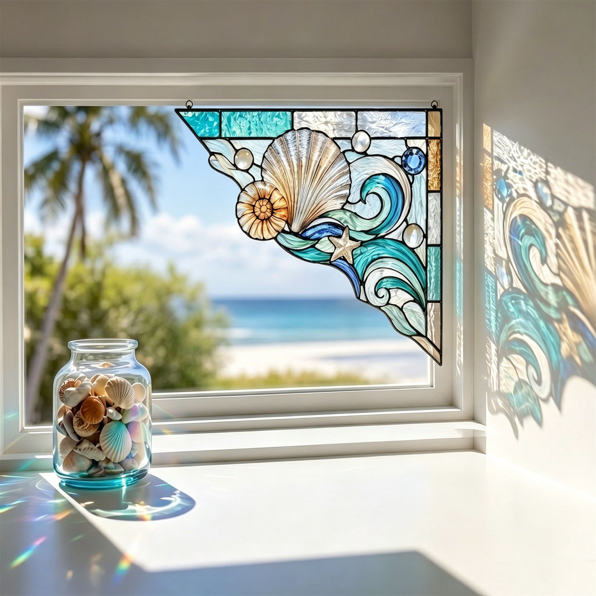 Coastal Seashell Ocean Wave Stained Glass Window Corner Hanging Ornament – Summer Beach House Decor