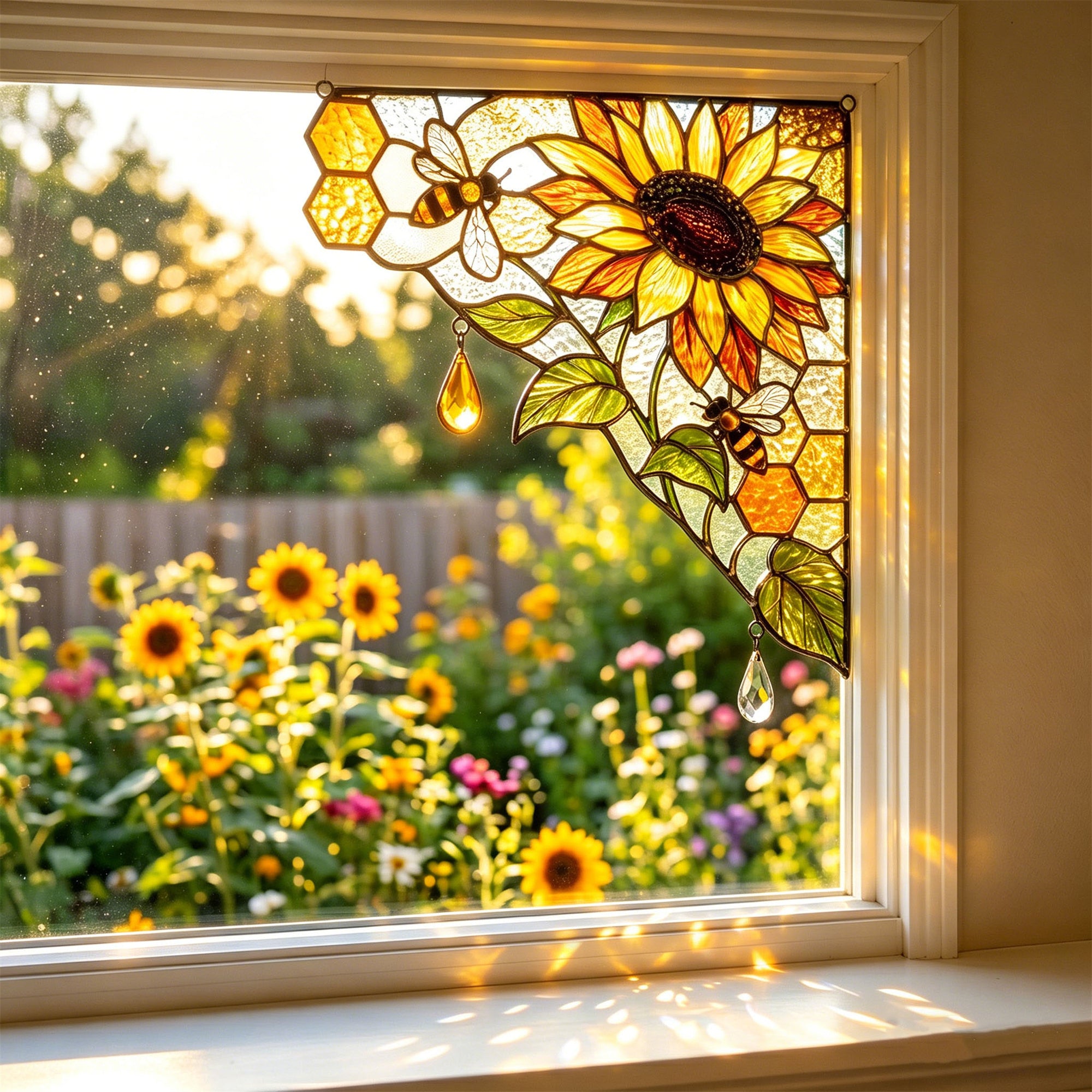 Sunflower Stained Glass Window Corner Hanging Ornament – Floral Botanical Suncatcher Decor