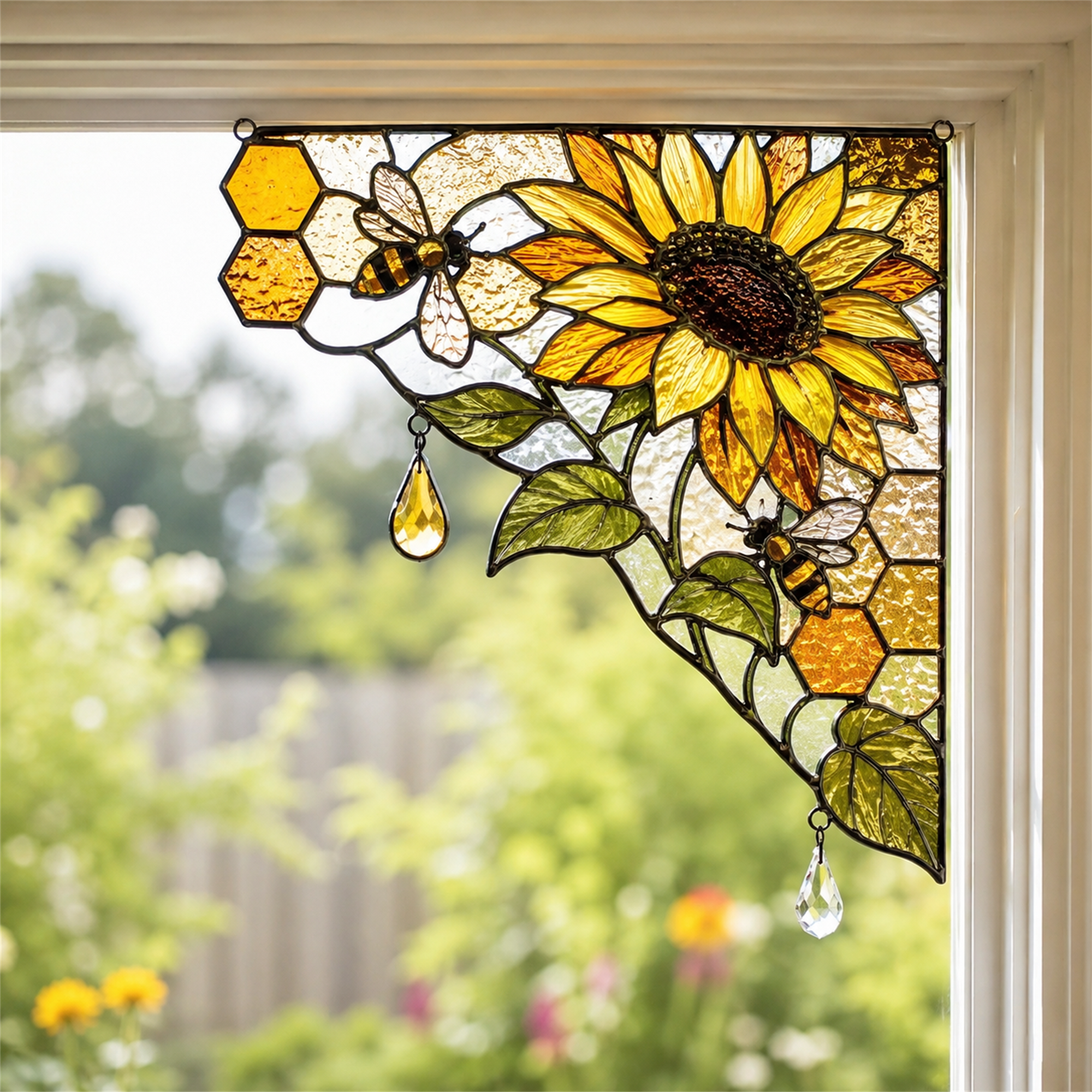 Sunflower Stained Glass Window Corner Hanging Ornament – Floral Botanical Suncatcher Decor
