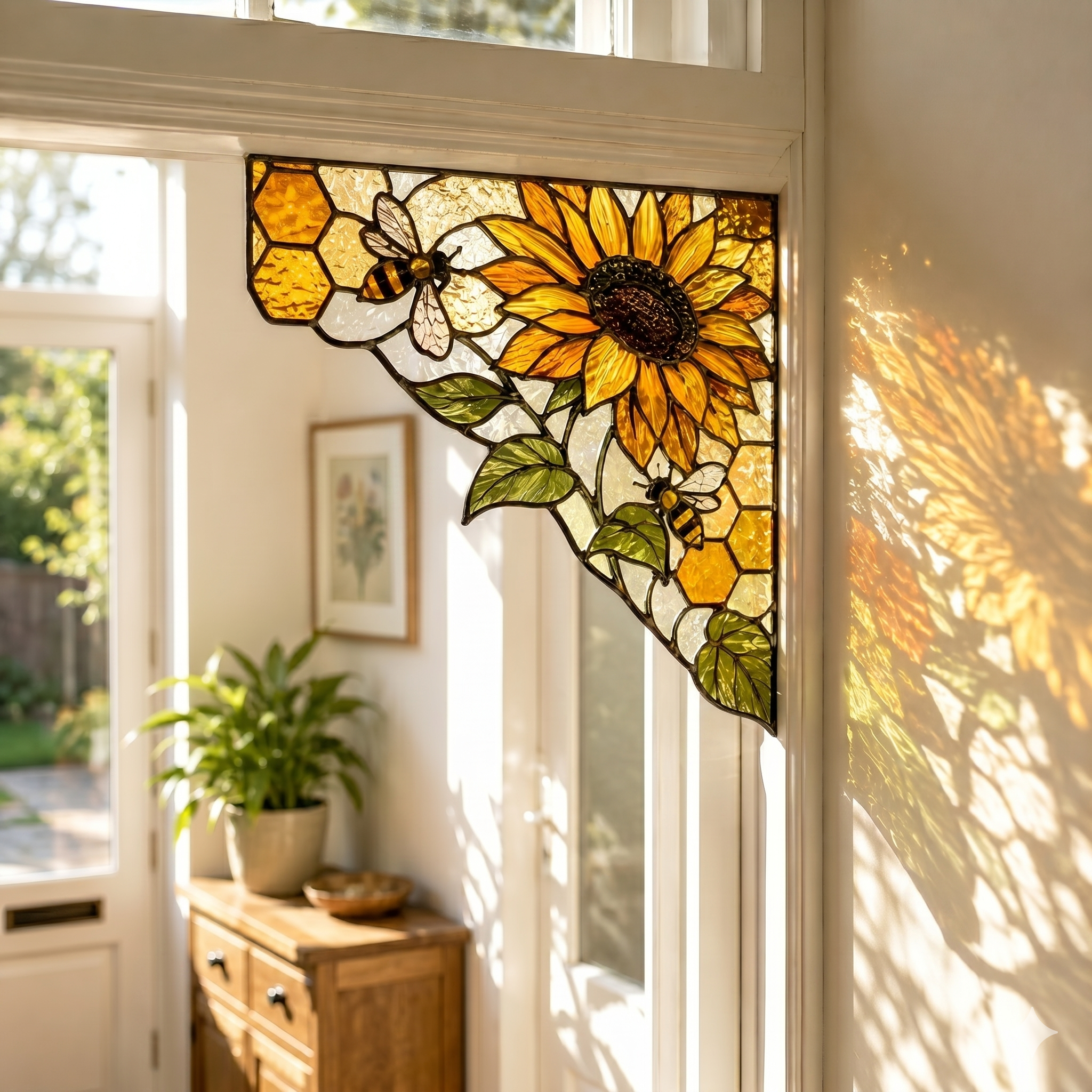 Sunflower Stained Glass Window Corner Hanging Ornament – Floral Botanical Suncatcher Decor