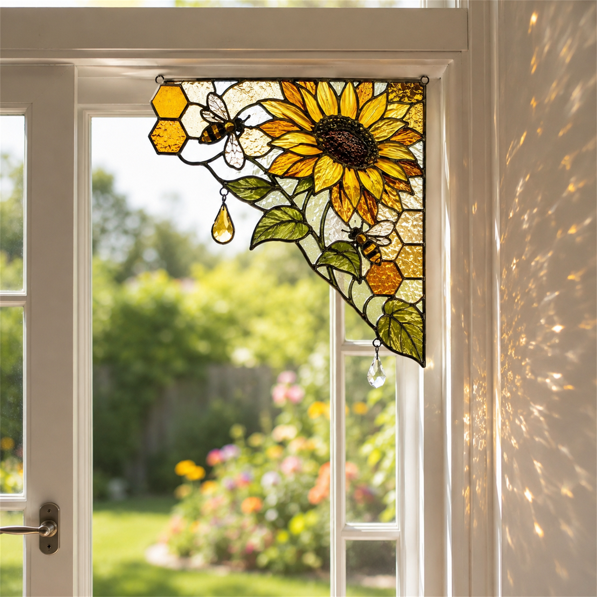 Sunflower Stained Glass Window Corner Hanging Ornament – Floral Botanical Suncatcher Decor