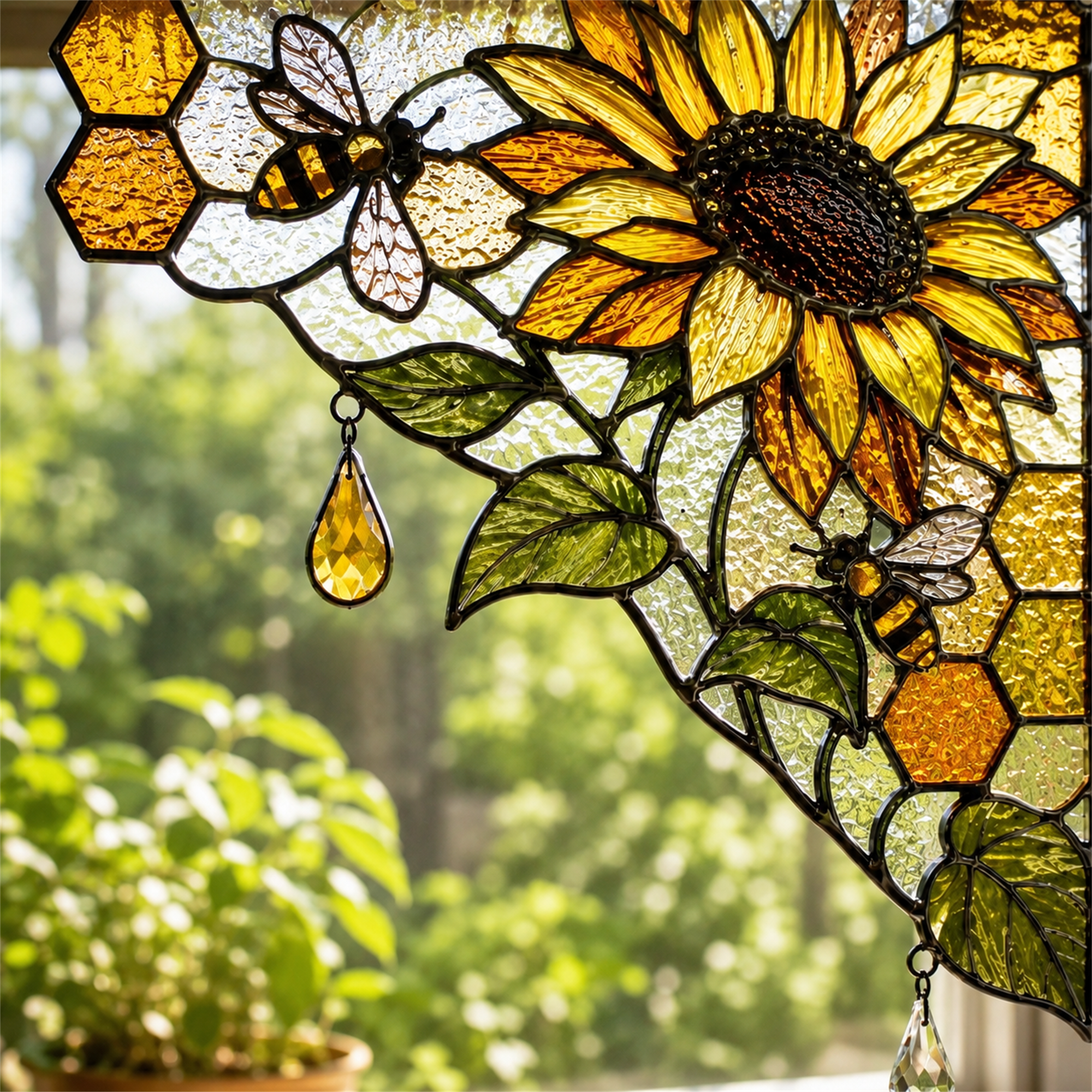 Sunflower Stained Glass Window Corner Hanging Ornament – Floral Botanical Suncatcher Decor