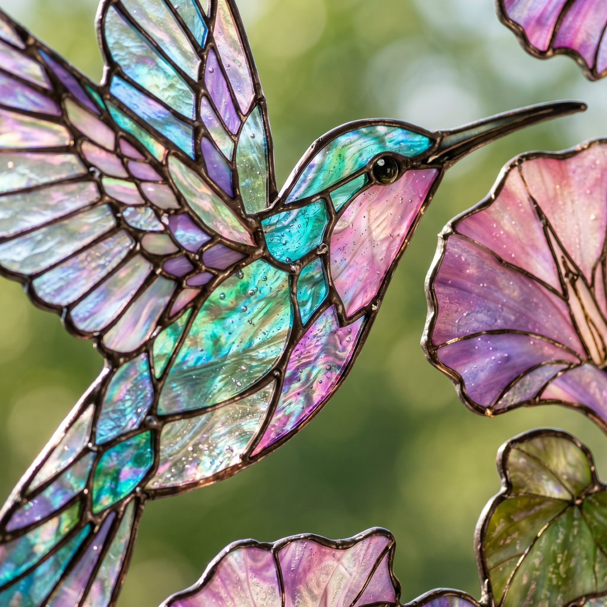 Hummingbird Floral Stained Glass Window Corner Decor – Botanical Glass Hanging Ornament