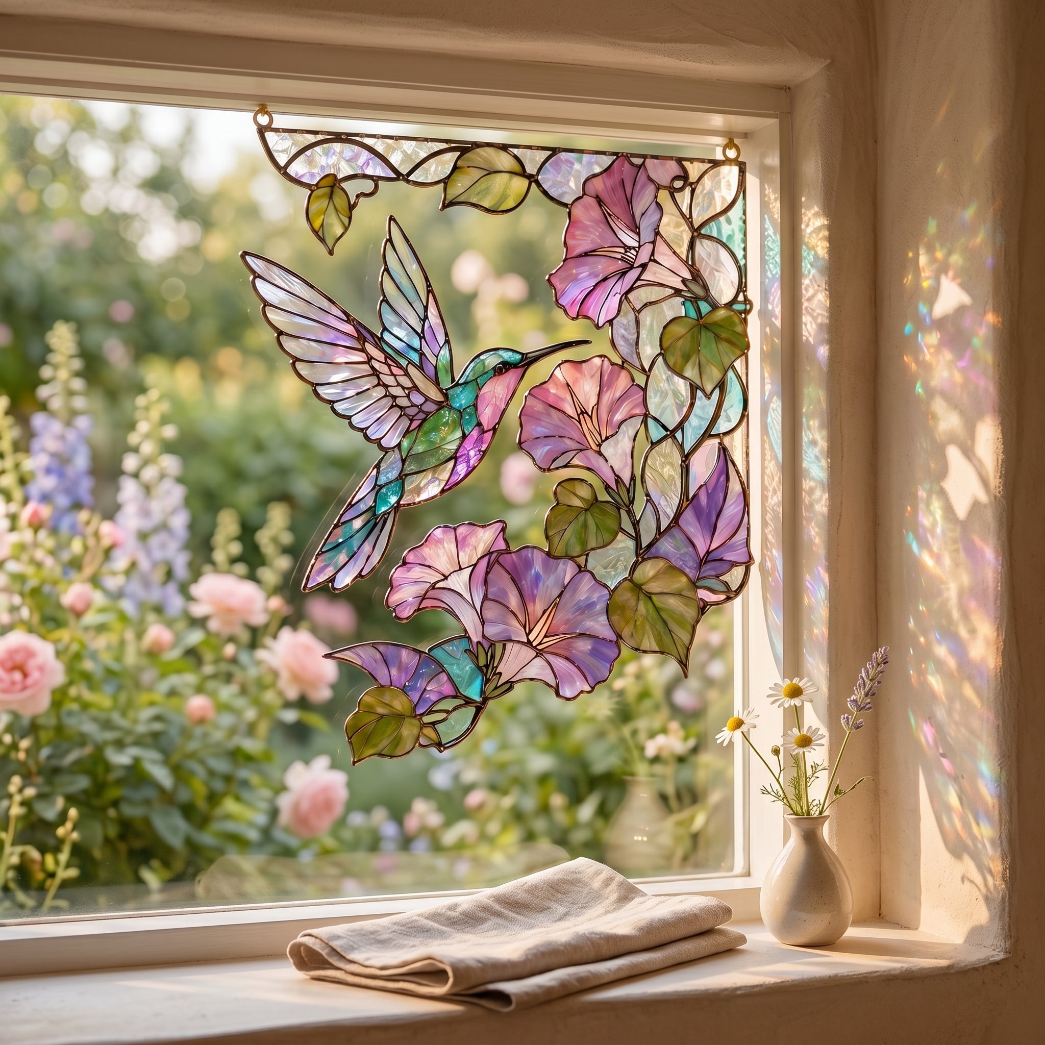 Hummingbird Floral Stained Glass Window Corner Decor – Botanical Glass Hanging Ornament