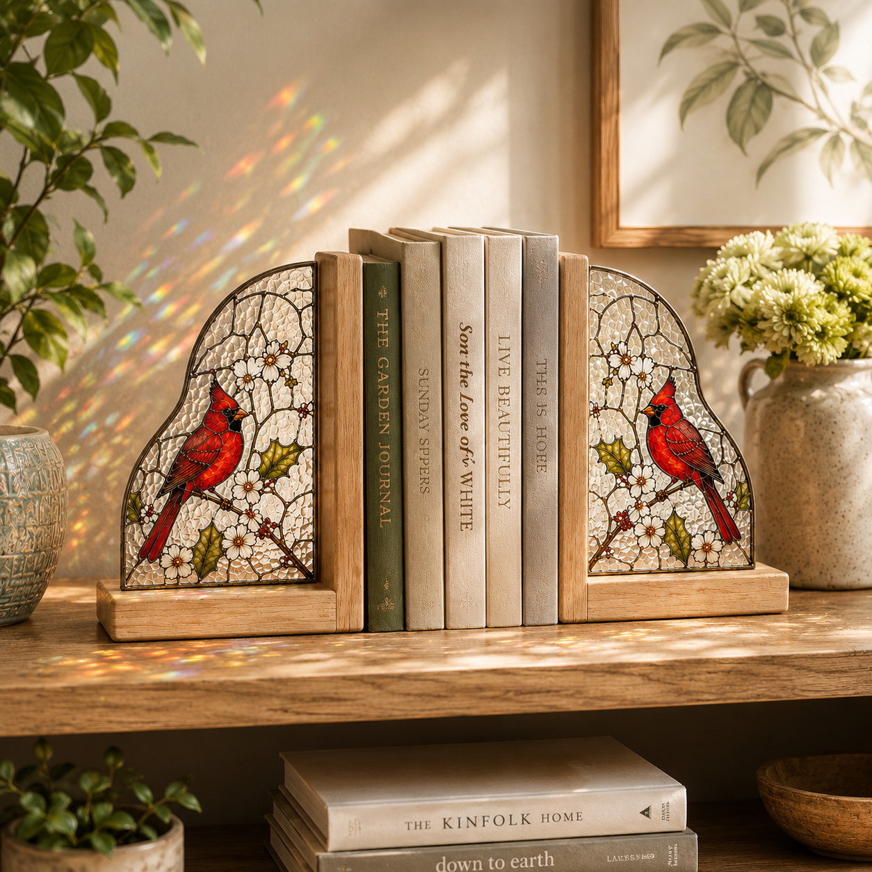 Cardinal Bird Bookends | Wood Glass Bookend Set | Stained Glass Style Bookshelf Decor | Bird Lover Gift | Memorial Gift