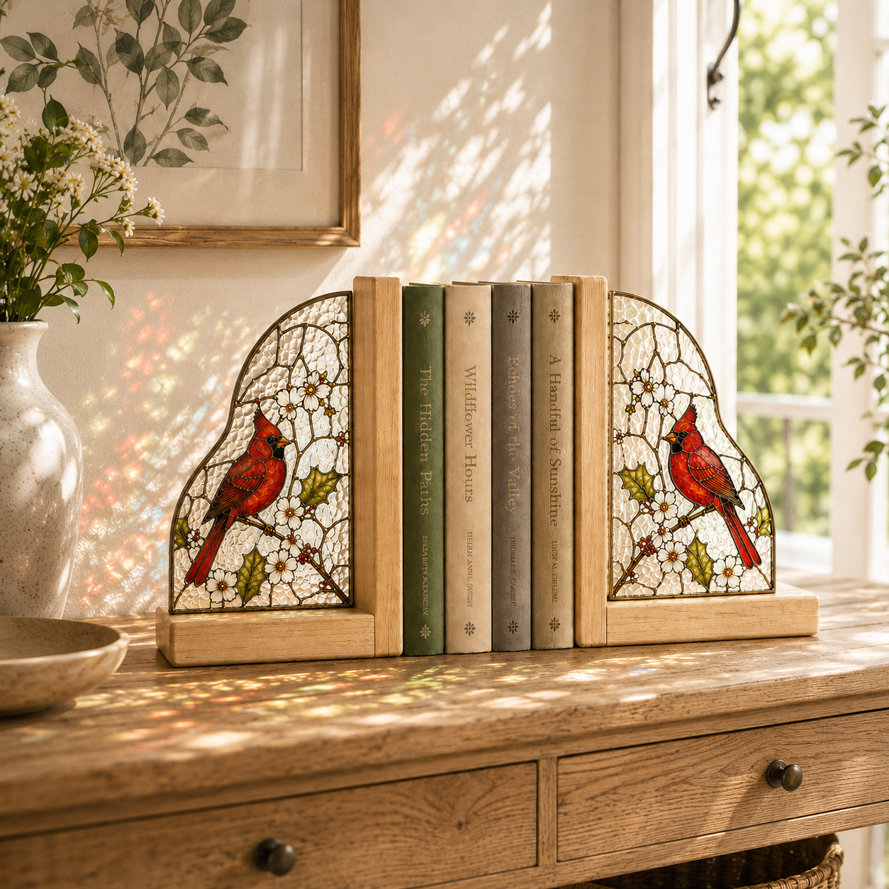 Cardinal Bird Bookends | Wood Glass Bookend Set | Stained Glass Style Bookshelf Decor | Bird Lover Gift | Memorial Gift