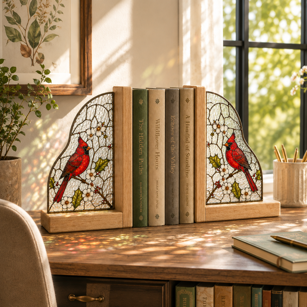 Cardinal Bird Bookends | Wood Glass Bookend Set | Stained Glass Style Bookshelf Decor | Bird Lover Gift | Memorial Gift
