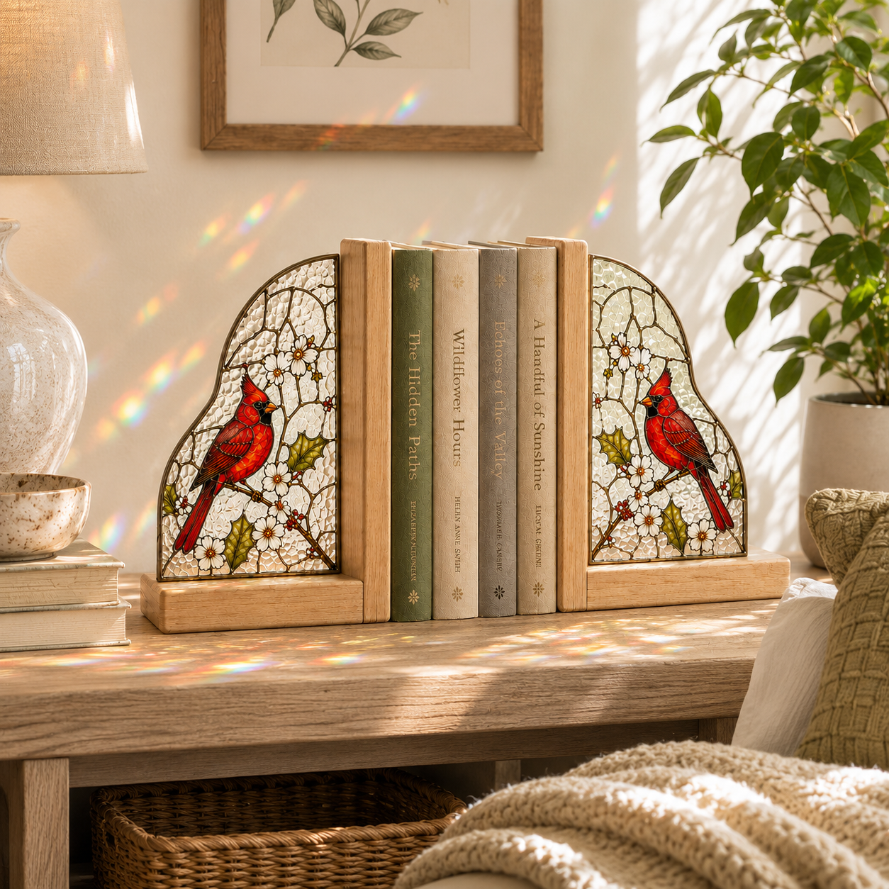 Cardinal Bird Bookends | Wood Glass Bookend Set | Stained Glass Style Bookshelf Decor | Bird Lover Gift | Memorial Gift