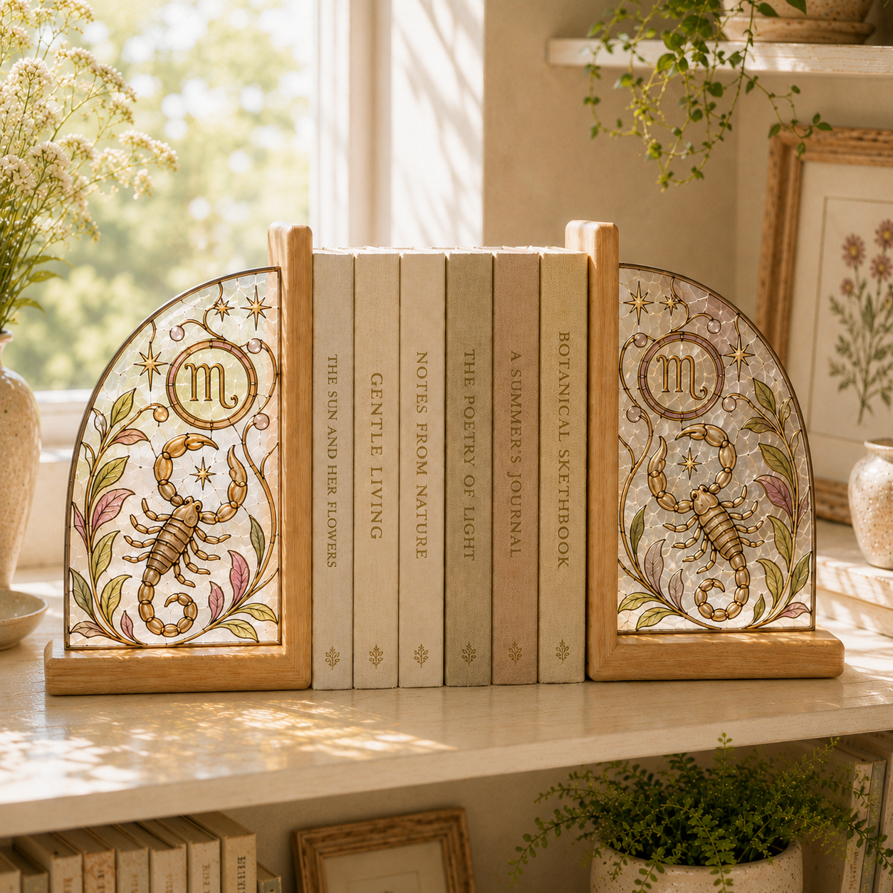 Scorpio Zodiac Bookends | Wood Glass Bookend Set | Astrology Bookshelf Decor | Stained Glass Style Book Holder | Scorpio Gift
