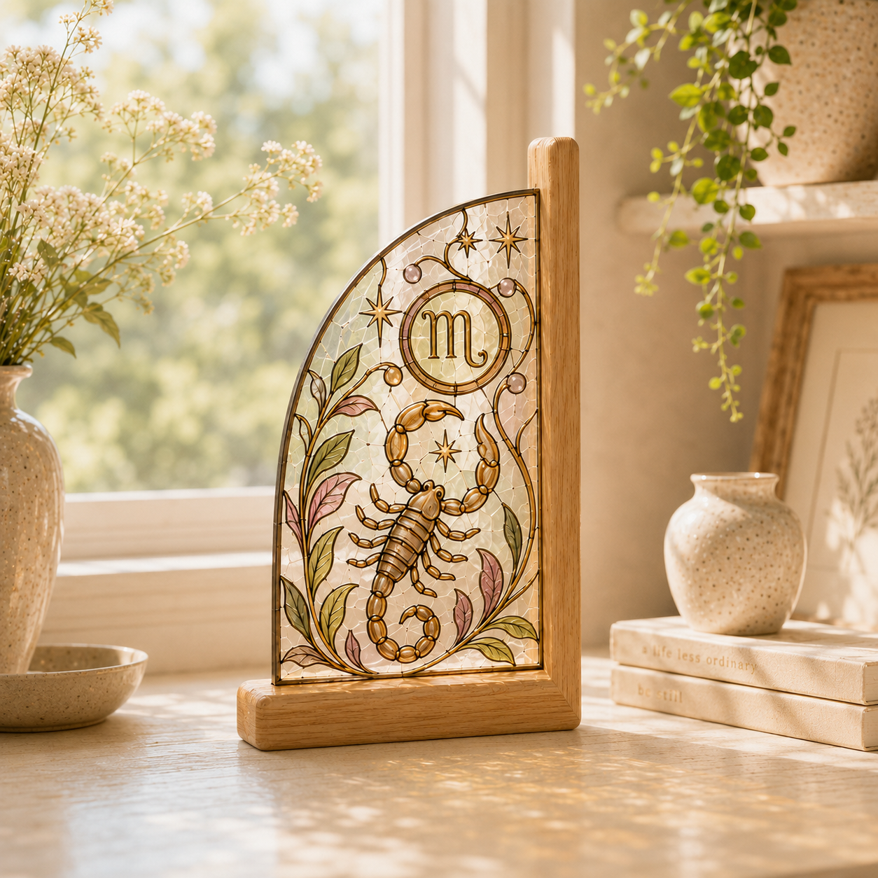 Scorpio Zodiac Bookends | Wood Glass Bookend Set | Astrology Bookshelf Decor | Stained Glass Style Book Holder | Scorpio Gift