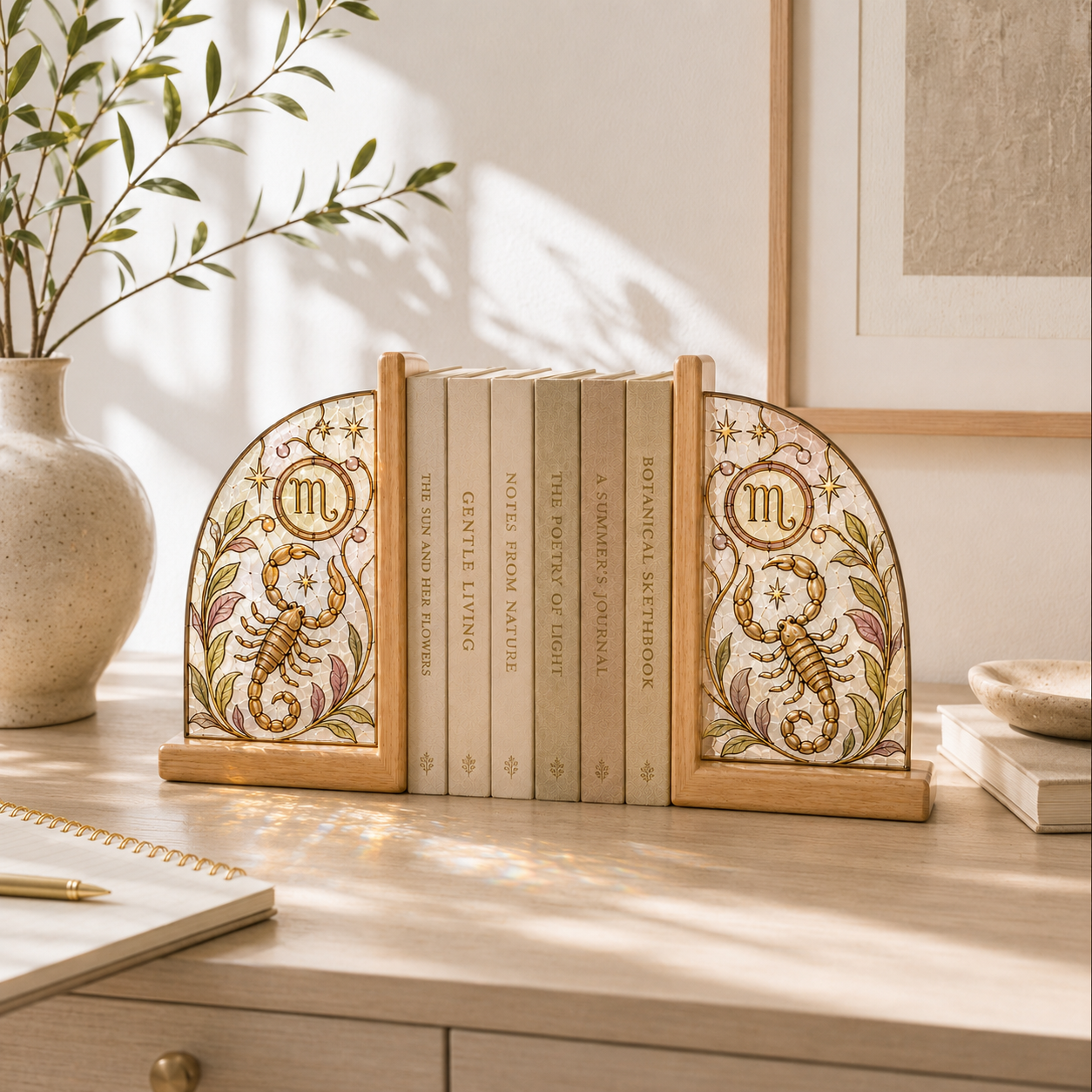 Scorpio Zodiac Bookends | Wood Glass Bookend Set | Astrology Bookshelf Decor | Stained Glass Style Book Holder | Scorpio Gift