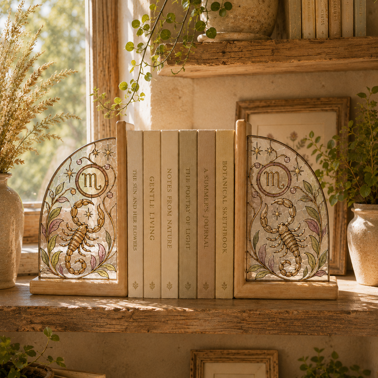 Scorpio Zodiac Bookends | Wood Glass Bookend Set | Astrology Bookshelf Decor | Stained Glass Style Book Holder | Scorpio Gift