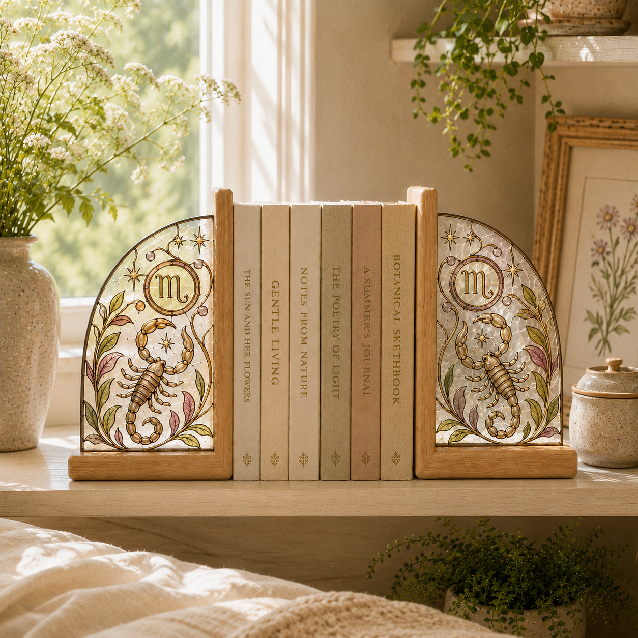 Scorpio Zodiac Bookends | Wood Glass Bookend Set | Astrology Bookshelf Decor | Stained Glass Style Book Holder | Scorpio Gift