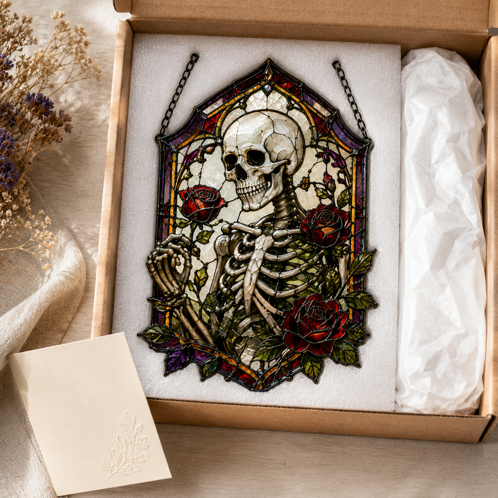 18 Style Gothic Skeleton Suncatcher | Rose Stained Glass Style Window Hanging | Dark Academia Decor | Witchy Gift | Car Ornament