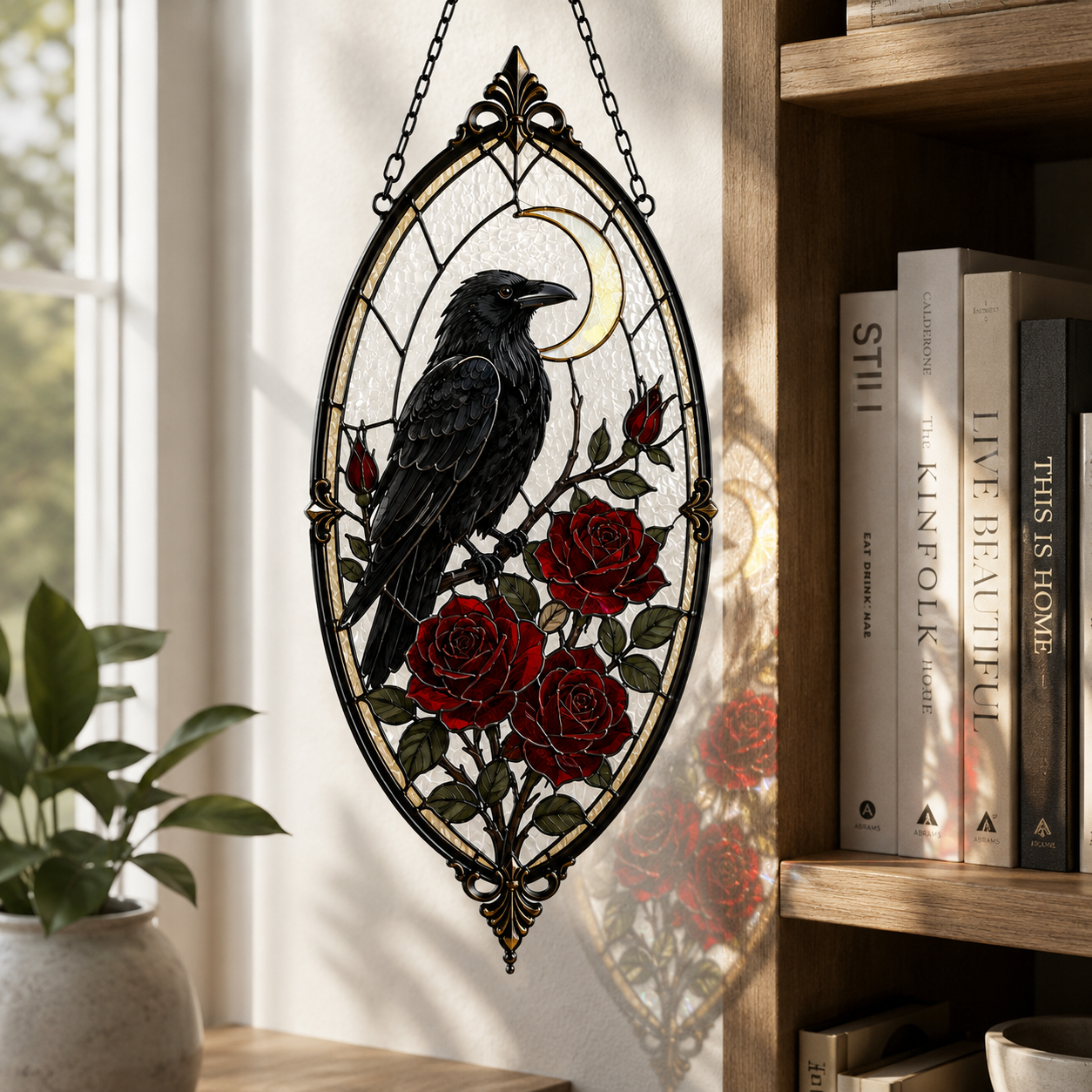 12 Style Gothic Raven Rose Suncatcher | Moon Stained Glass Style Window Hanging | Crow Bird Decor | Witchy Car Ornament Gift