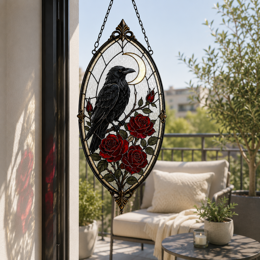 12 Style Gothic Raven Rose Suncatcher | Moon Stained Glass Style Window Hanging | Crow Bird Decor | Witchy Car Ornament Gift