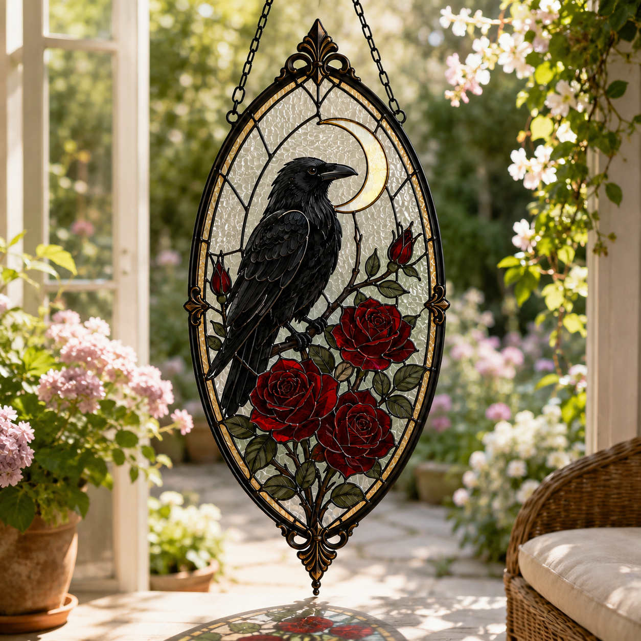 12 Style Gothic Raven Rose Suncatcher | Moon Stained Glass Style Window Hanging | Crow Bird Decor | Witchy Car Ornament Gift